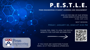 Poster with information about the upcoming PESTLE orientation events on January 20, January 27, and February 3 at 4:00 pm.