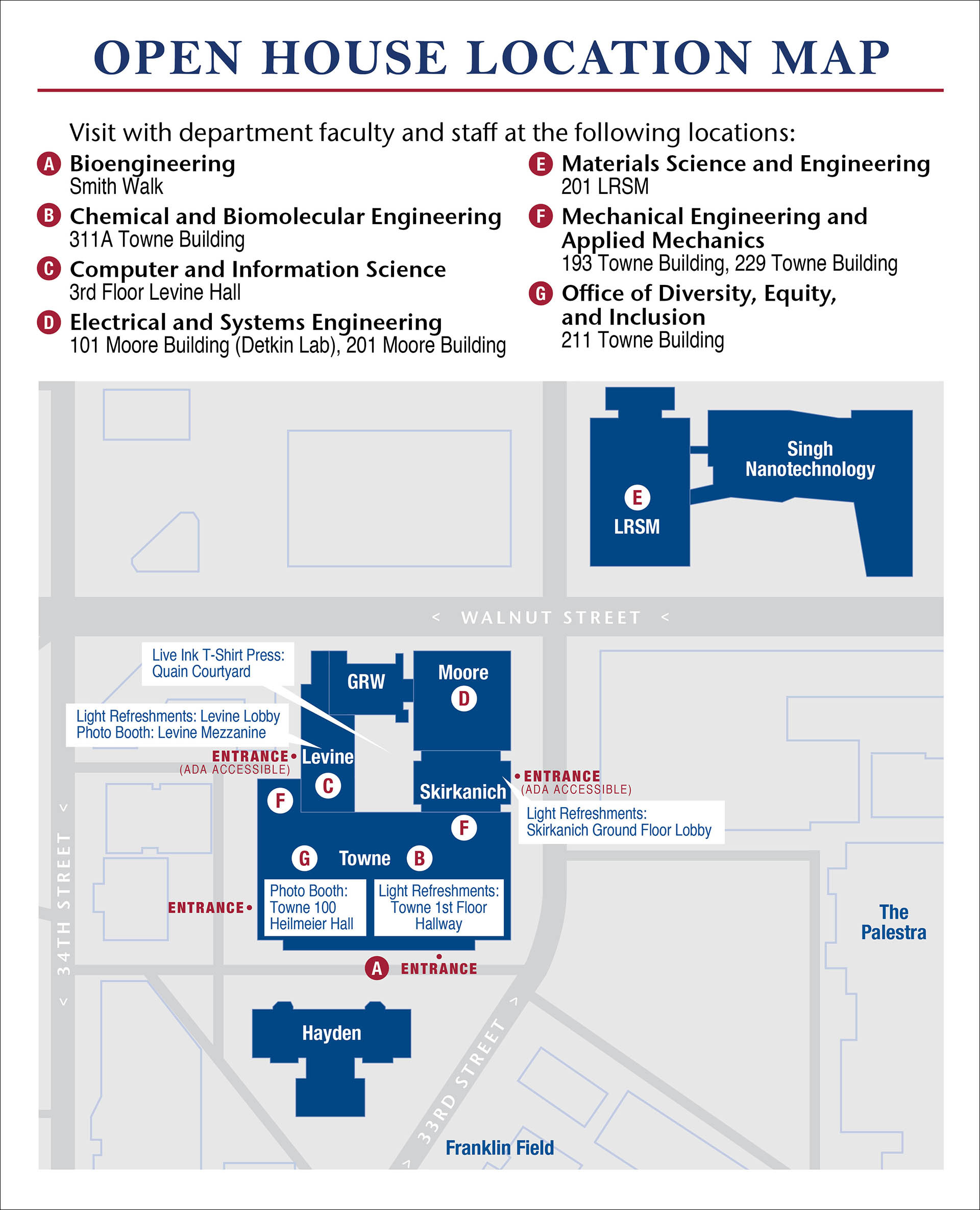 Penn Engineering 2023 Open House map that shows the locations of the departmental events.